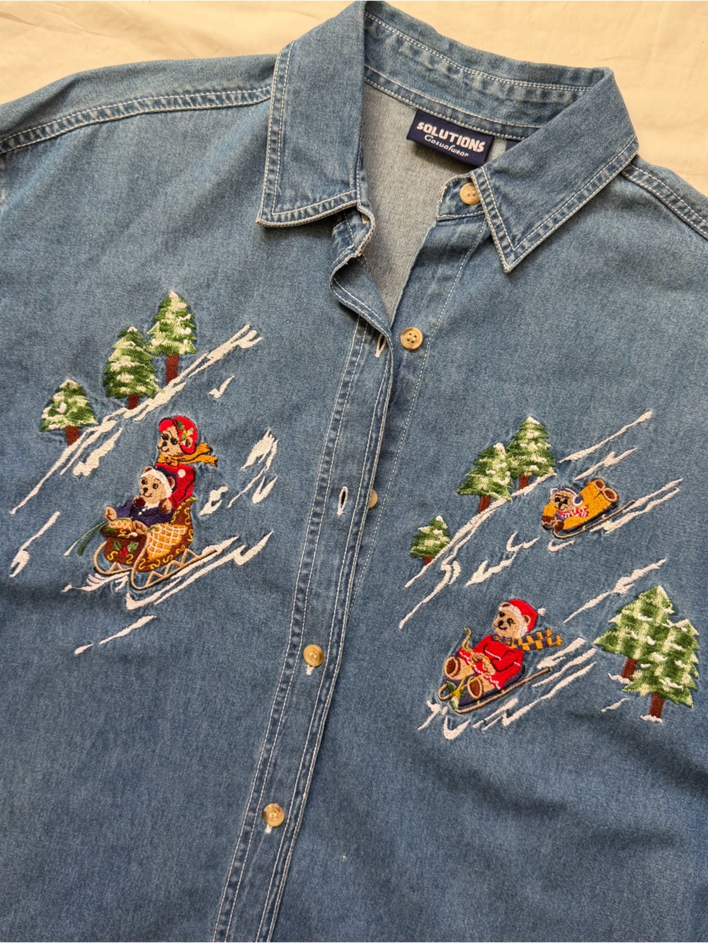 Vintage Solutions Denim Shirt Embroidered Christmas Sledding Bears Button Down